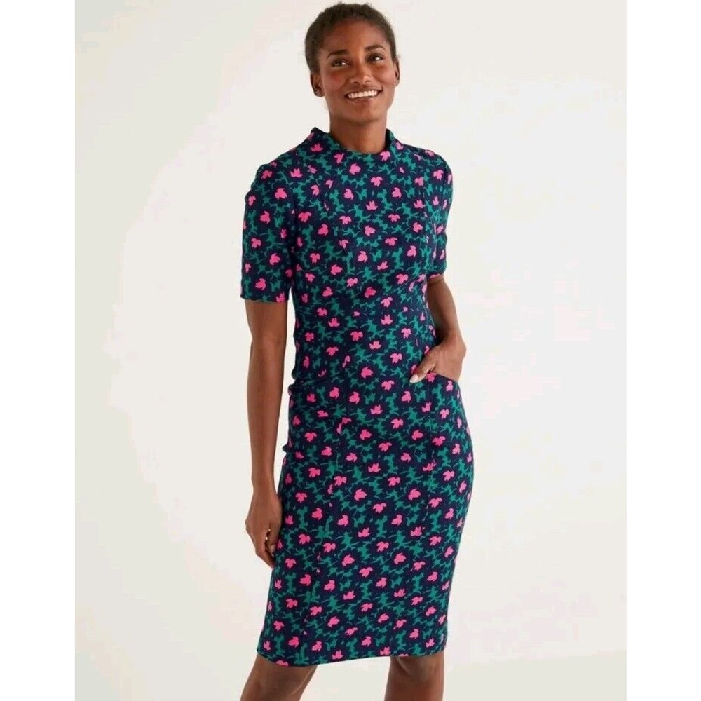 Boden Size US 10 L Green & Navy Floral Louise Textured Midi Sheath Dress